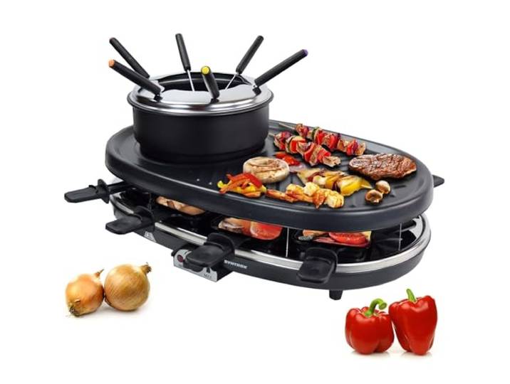 Syntrox Germany Raclette-Grill Olorti mit Fondue, 3-in-1 Gerät für 8 Personen, Integrierte Grillplatte, Leichte Reinigung Antihaftbeschichtung, Fettarmes Grillen