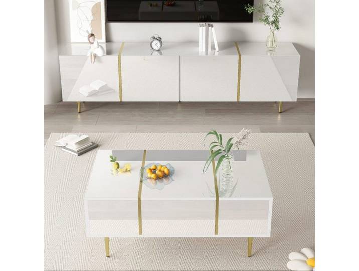 Ensemble Meuble TV Blanc Brillant et Table Basse Moderne