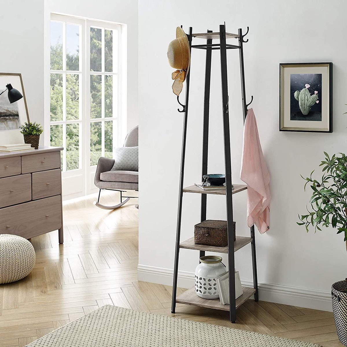 Industriële Garderobekapstok met 3 Planken en Metalen Frame, Grijs-Zwart Houtlook, LCR080B02