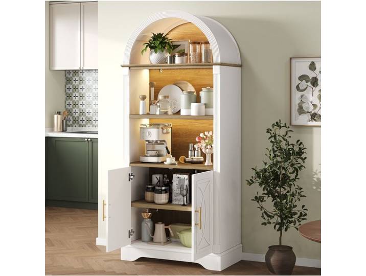 Étagère Haute avec LED et 2 Portes - ELVMI - 3 Niches Ouvertes Étagère Réglable en MDF Blanc 76 2 × 40 1 × 180 cm