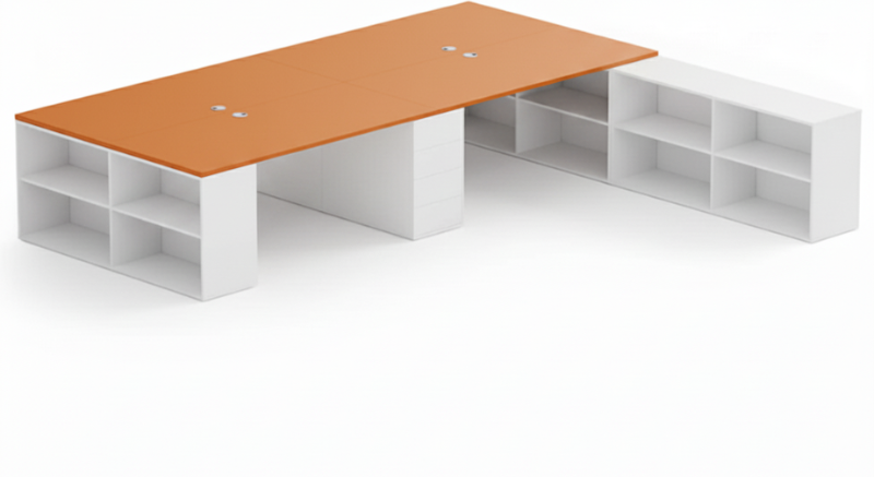 B2B Partner Bürotisch-Set BLOCK B05, 4 Arbeitsplätze mit Stauraum, 360 × 320 cm, weiß/orange