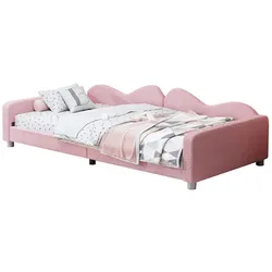 Merax Polsterbett 90*200cm, Schlafsofa Bettgestell Teddystoff mit Rückenlehne und Armlehnen Gästebett rosa