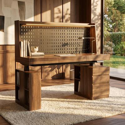 FUFU&GAGA "59"" Electric Standing Desk with Pegboard and Drawers, Height Adjustable Motorized Sit Stand Desk with LED Lights & Monitor Shelf"