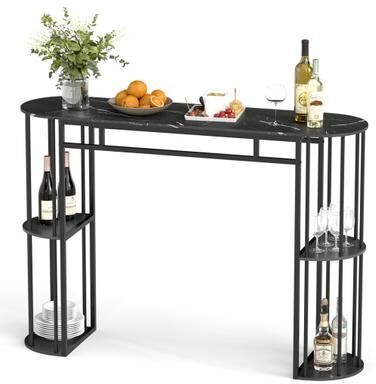 Costway 60 Inch Long Bar Table Narrow with Faux Marble Tabletop and Storage Shelves-Black