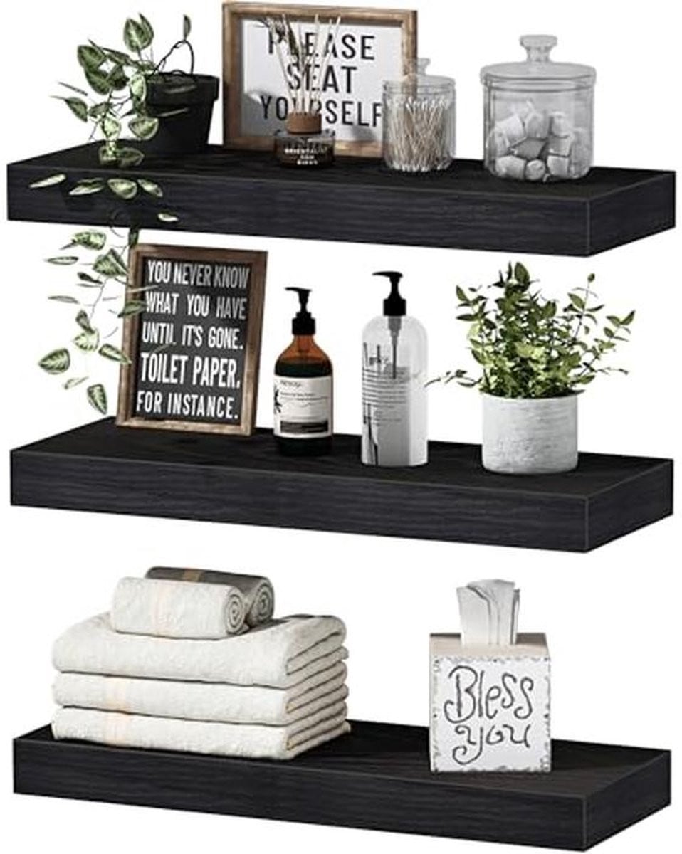 Set van 3 zwarte zwevende planken voor de badkamer, slaapkamer of keuken