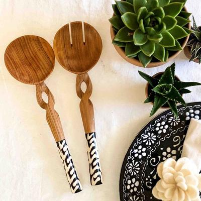 Global Crafts Handmade Olive Wood Serving Utensils with Natural Batik Bone Handles (Kenya)