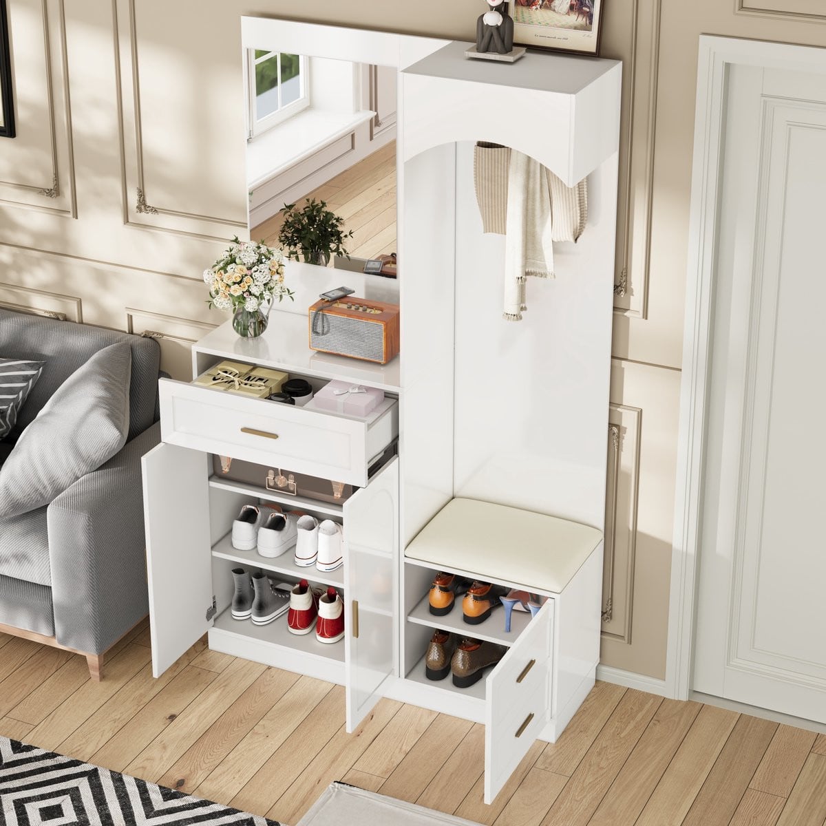 Merax Multifunctioneel Halmeubel met Spiegel en Lades - Witte Kledingkast en Schoenenkast Combinatie