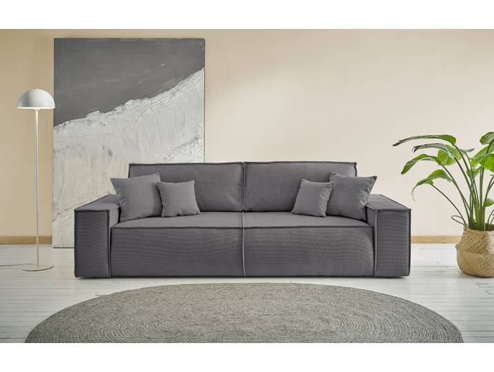 3-Sitzer Schlafsofa, Strukturstoffe, Anthrazit 257×102 cm, Schlaffunktion & Bettkasten, Skandinavisch, andas