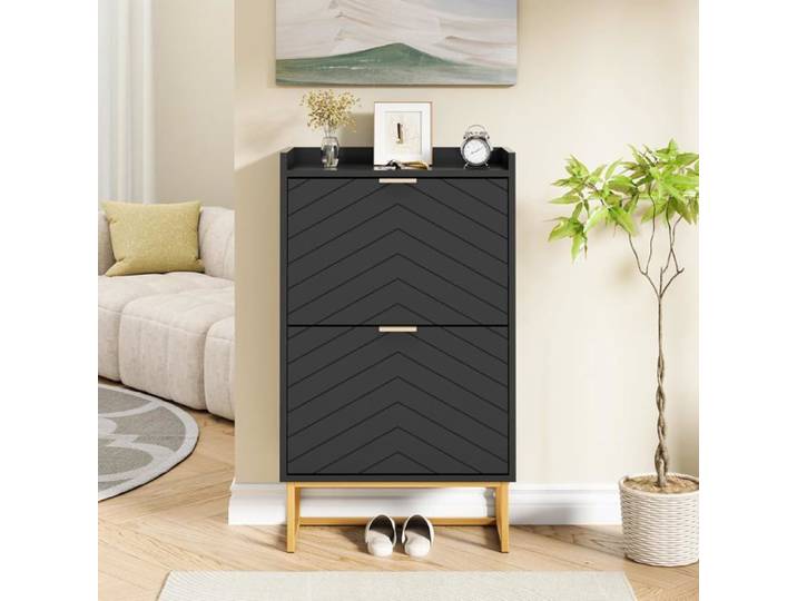 GOOBUY Armoire à Chaussure Inclinable 2 Compartiments Étagère Réglable à 2 Positions Motif en Ligne 50x24x91cm Noir