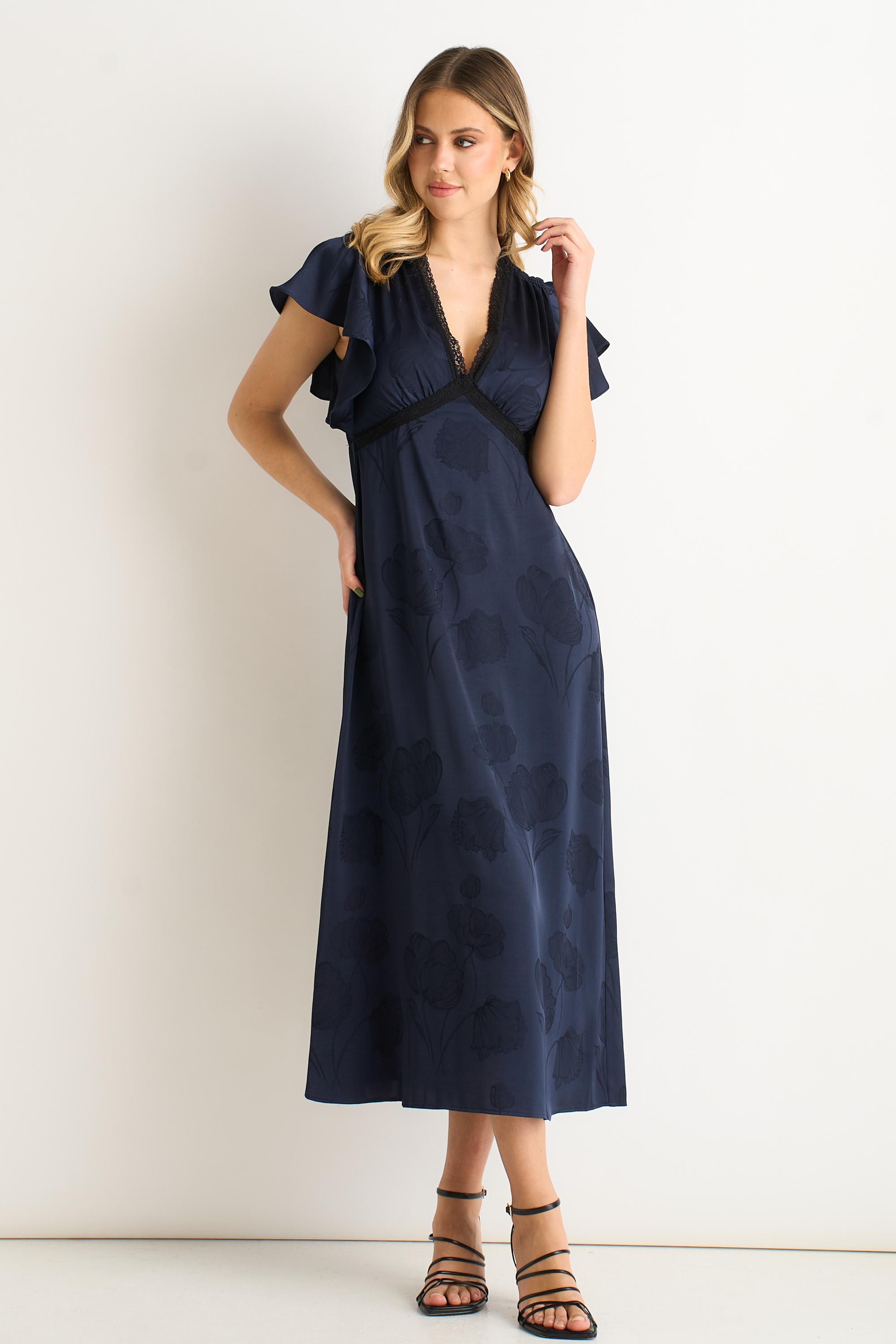 Midi-Kleid aus marineblauem Satin mit Jacquard-Muster und Spitzenbesatz