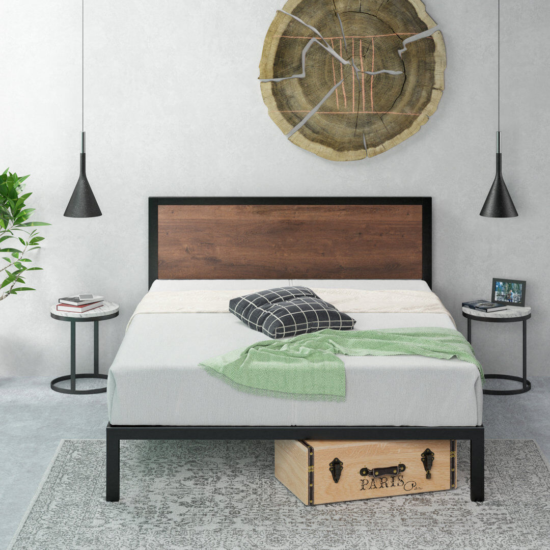 Rio Slovan Modern Metal Platform Bed frame with Wooden Headboard Brown;Black Double (4'6)