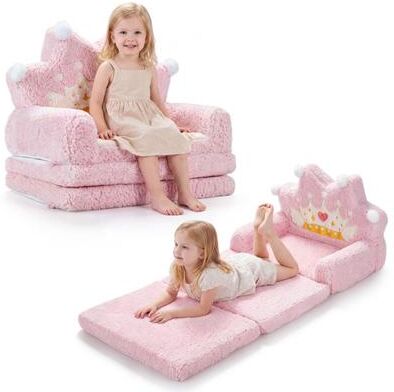 Costway 2-in-1 Foldable Kids Sofa Bed with Washable Removable Slipcover for Toddlers-Pink