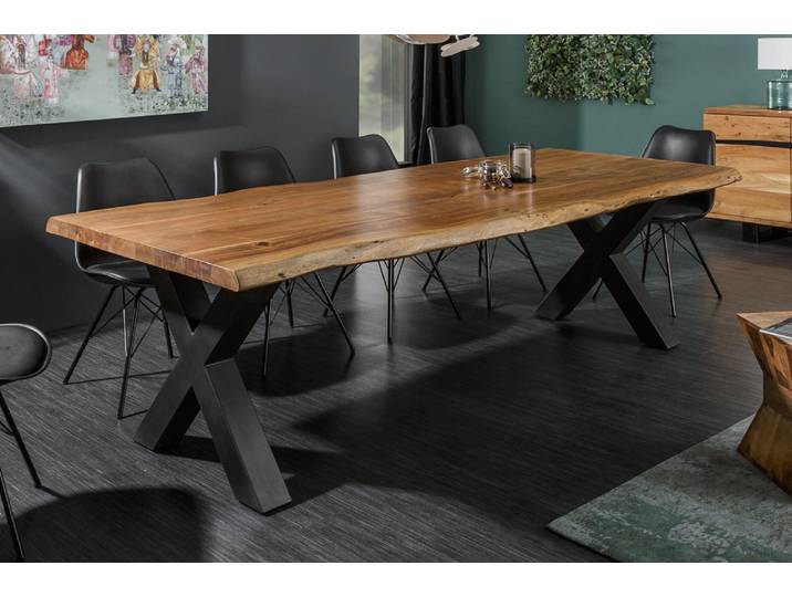 Massiver Esstisch MAMMUT 160cm natur Akazie schwarz X-Gestell Baumkante Baumtisch rechteckig Esszimmertisch 6 Personen