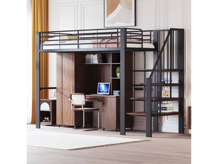 Lit mezzanine - DREAMMESPACE - 90x200 cm - Métal noir - Grand espace de rangement - Accès facile par escalier
