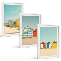 BILDER SET 3er Set - 40x60 cm Weißer Rahmen - Bunte Häuser, Strand, Sonne