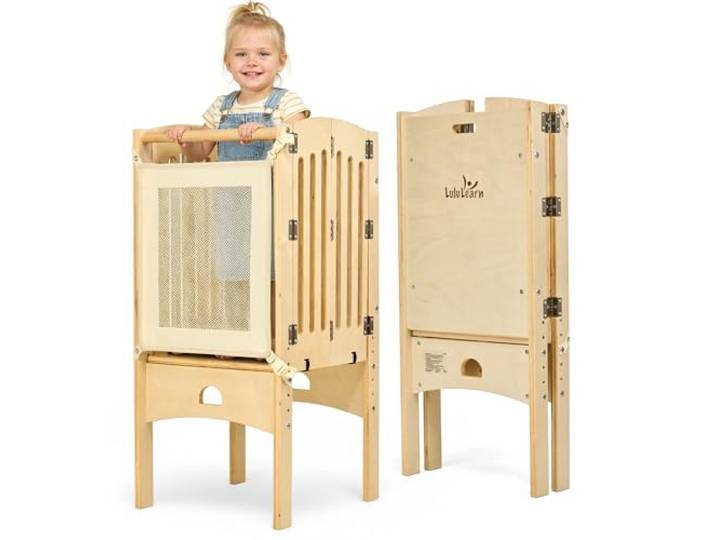 Lululearn® Lernturm ab 1 Jahr [FALTBAR] – Montessori Learning Tower, vormontiert, höhenverstellbar & extra sicher Platzsparender Tritthocker für Küche & Alltag (Natural)