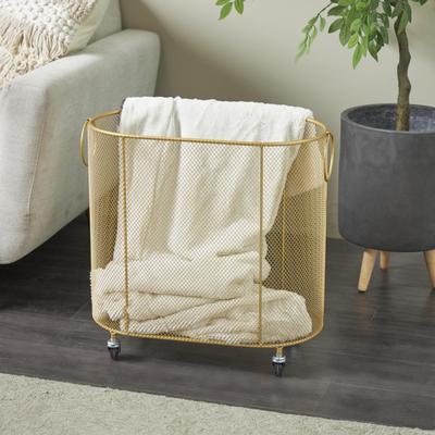 ARCILLA ELEMENTAL Black or Gold Metal Oval Mesh Wire Rolling Laundry Storage Cart with Ring Handles