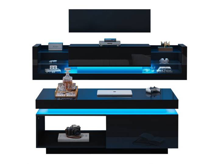 Ensemble de salon meuble TV et table basse SENVIRO noir brillant avec LED panneaux de particules 181 x 38 x 38 cm