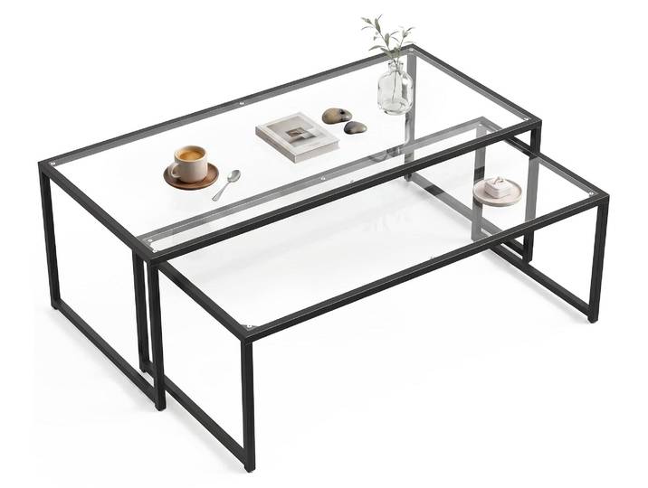 HOMCOM Couchtisch 2er-Set Stapelbar mit Tischplatte aus Glas Schwarz