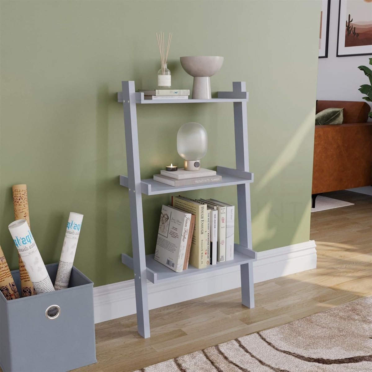 Lichtgrijze ladder boekenkast als opbergunit voor decoratie, Hoogte: 100 cm