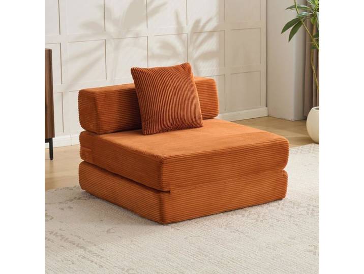 CANMOV Fauteuil Convertible Chaise d'Appoint avec Coussin Moelleux Lit d'Appoint en Velours Côtelé Orange