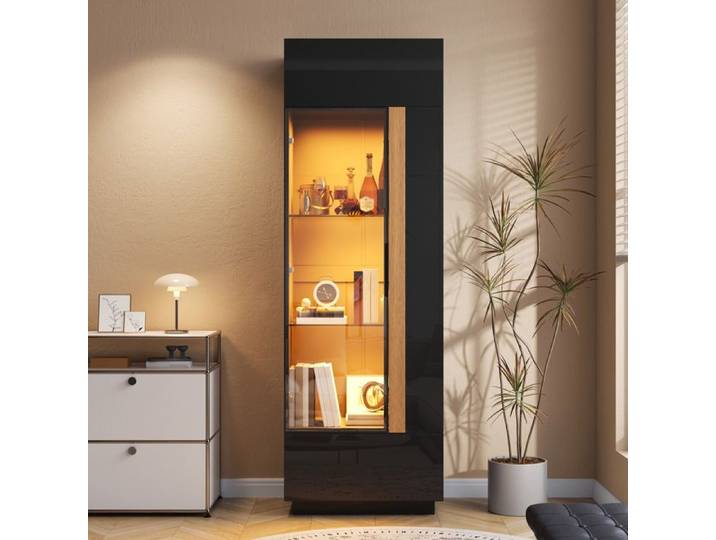 Vitrine de rangement - Vitrine armoire haute avec porte vitrée éclairage LED contrôlable par application Noir
