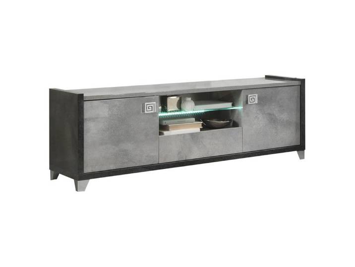 HOFFMAN - Meuble TV 2 Portes 160cm Gris Aspect Pierre avec Led