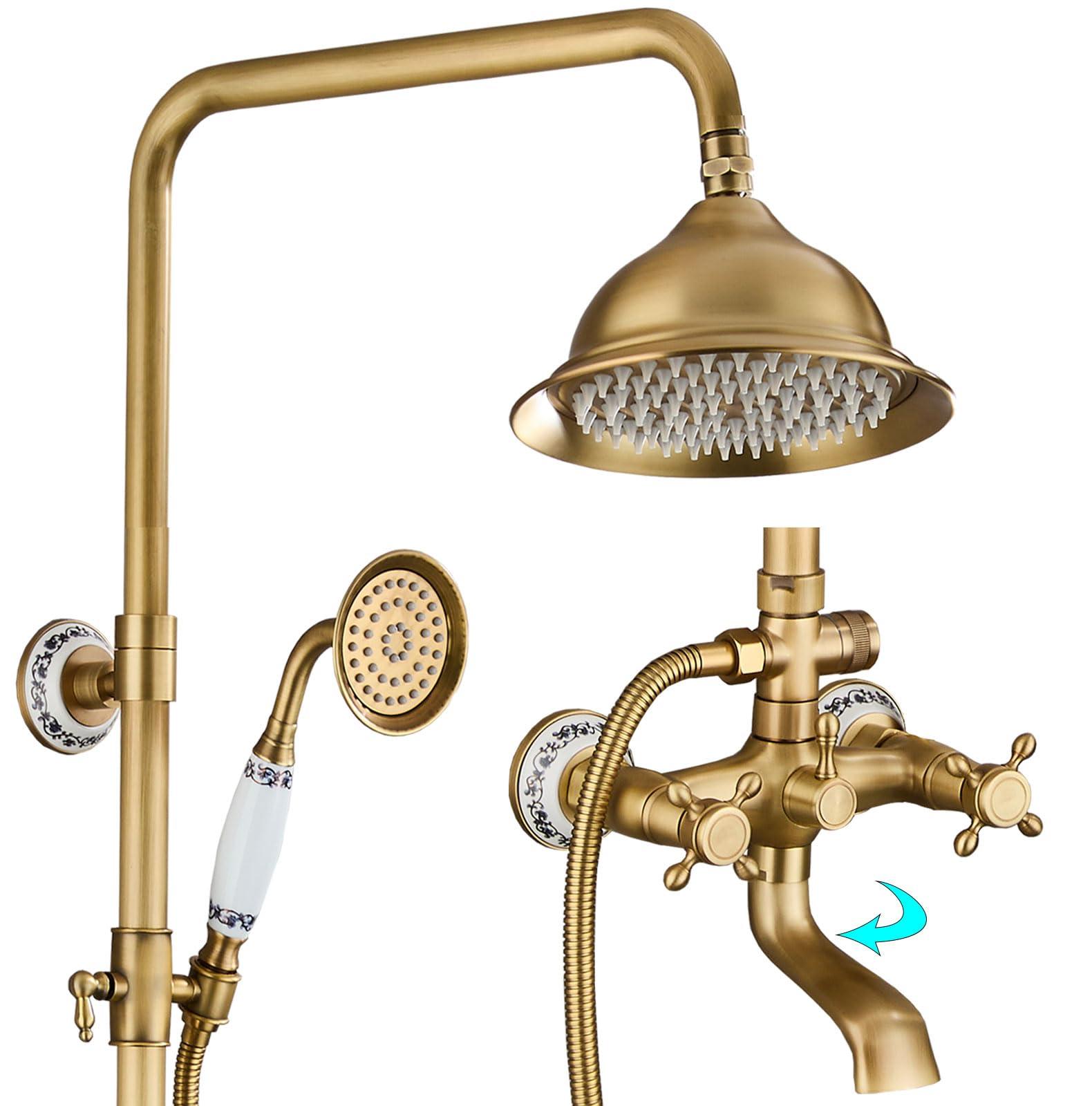 Antikes Duschsystem, Bronze, 20 cm Regenbrause, 3 Funktionen, Porzellan-Dekor