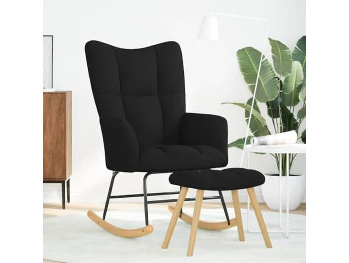 Schaukelstuhl mit Fußablage Schwarz aus Polyester Polyestergewebe, Holz-Metallrahmen, dicke Polsterung, Flüssige Wippung, Fußstütze 2 in 1, Schwarz