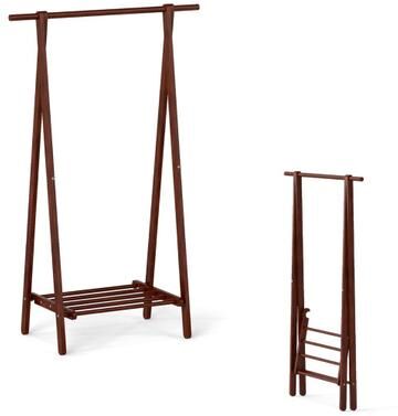 Costway Folding Rubber Wood Clothes Hanging Rack Standing Garment Rack with Bottom Storage Shelf-Walnut