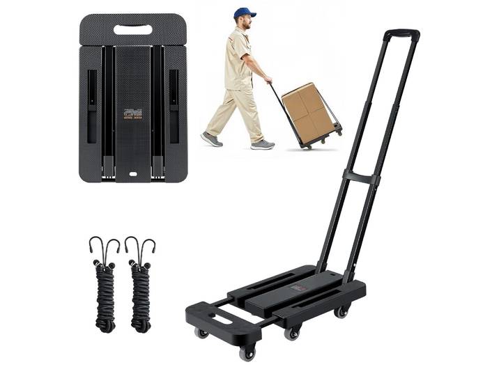 Diable pliable VEVOR\, capacité de charge 227 kg\, chariot de transport avec 6 roues\, 2 câbles élastiques & base extensible\, chariot de transport pour aéroport\, bagages\, déménagements de bureau\, noir\, 560x305x1010 mm