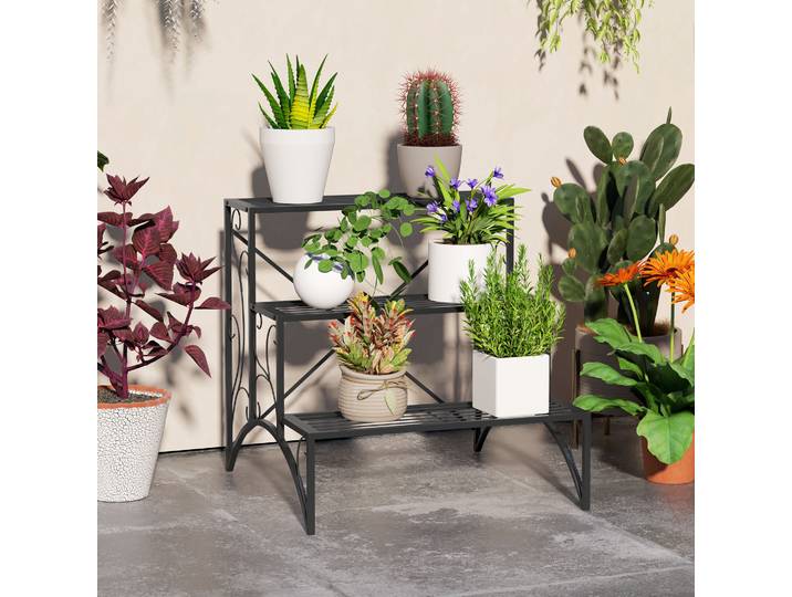 Outsunny Étagère Plantes Métal Noir 3 Niveaux Intérieur Extérieur
