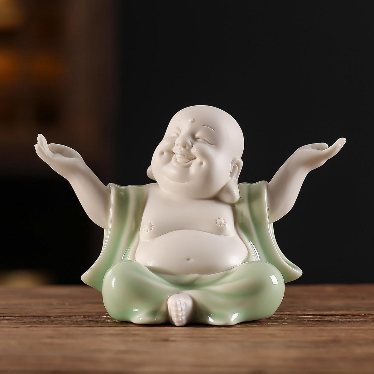 Kleine Groene Lachende Boeddha Decoratie voor op Tafel