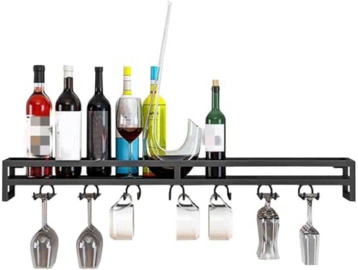 MmcdylyhEU Wandmontiertes Weinregal mit Weinflaschen-Aufbewahrungsregal und Stielglas-Haken unter dem Regal, Flaschen- und Glashalter-Organizer(Black,60x20x8.5cm)