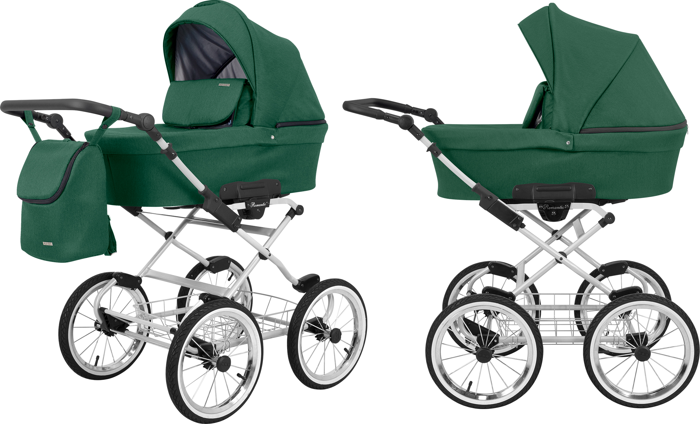 Kinderwagen ROMANTIC Babywagen Babyschale Kinder Wagen Set 1 in 1 (grün Rahmenfarbe: grauer Rahmen)