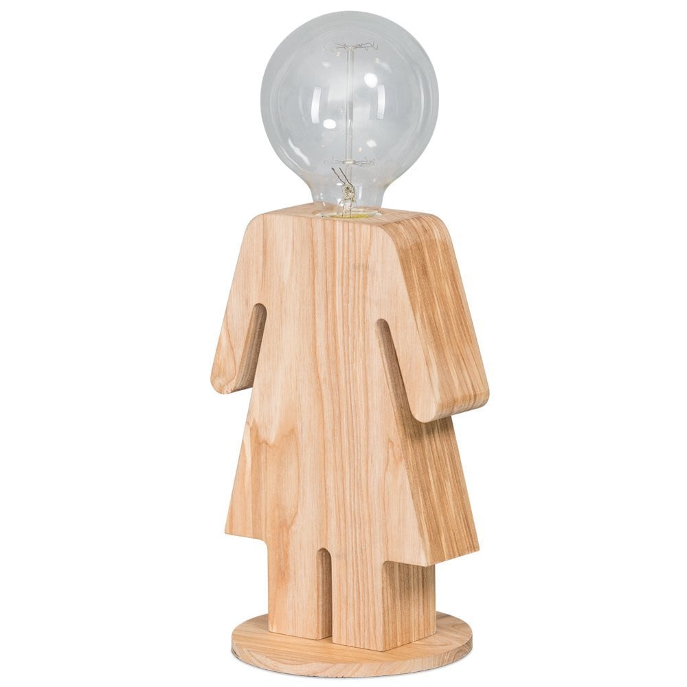 Stoere tafellamp Family Eve ETH bruin hout en glas met dimbare LED en E27 fitting