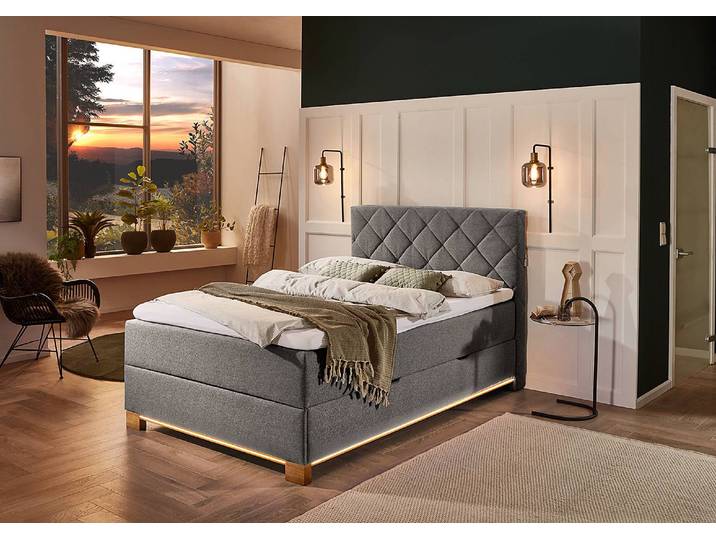 Lit Boxspring éclairé Messina 120 x 200cm Tissu Asha Gris Chêne