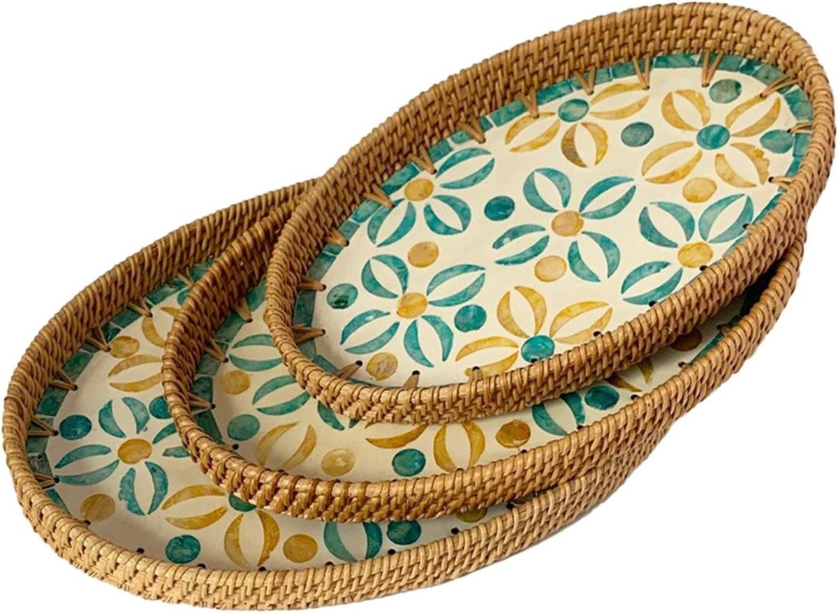 Set van 3 handgemaakte rotan dienbladen - Geweven decoratieve manden - Stijl 8