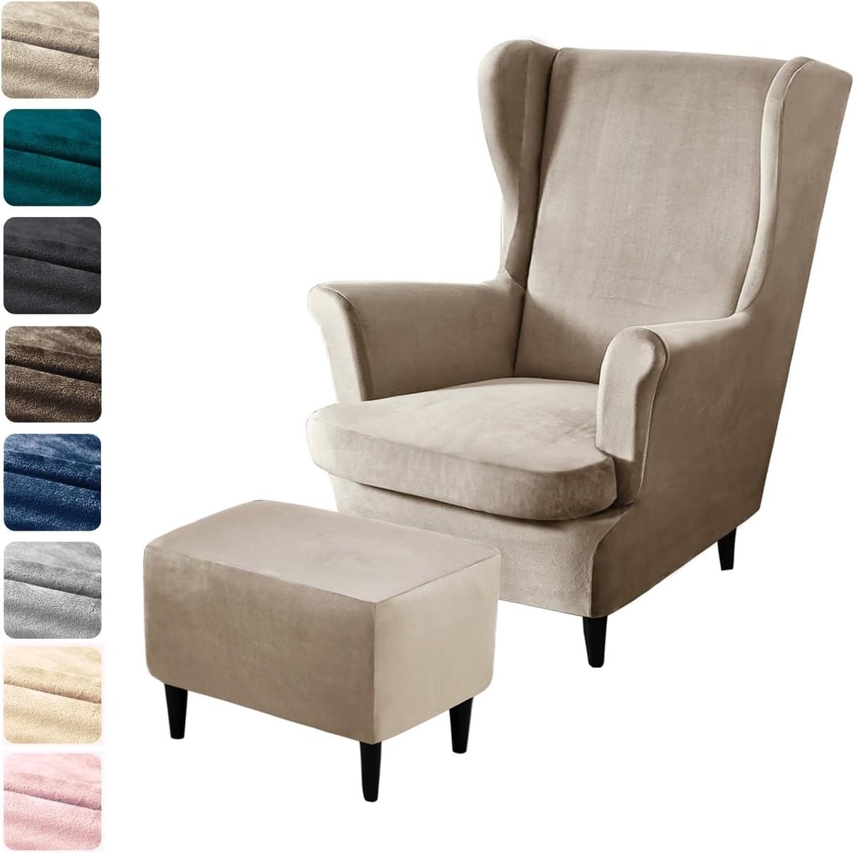 3-delige stretch fluwelen fauteuilhoes met ottomane hoes voor hoge rugleuning - Champagne