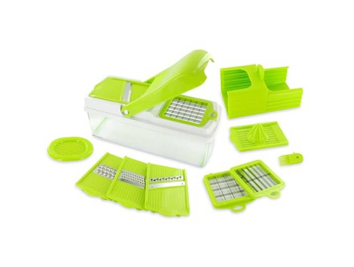 COOK CONCEPT Mandoline Multifonction 5-en-1 7 Accessoires Vert et Blanc Inox et PP\, mandoline 5-en-1\, couper trancher râper presser\, 7 accessoires\, bac de récupération\, vert et blanc