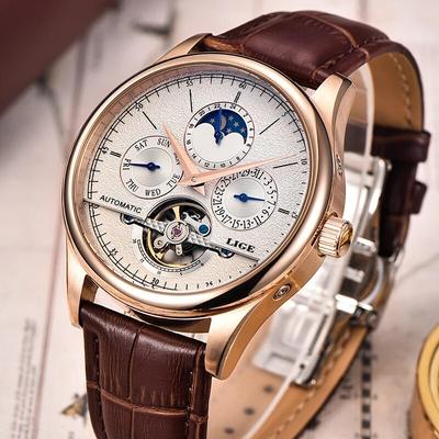 Perfect Picks Market Men Automatic Mechanical Tourbillon Watch Waterproof Military Wristwatch With Genuine Leather Strap gold White