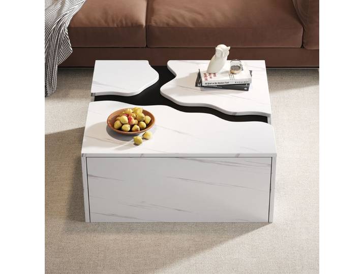 Table basse carrée 70x70 effet marbre table de salon avec tiroir caché blanc