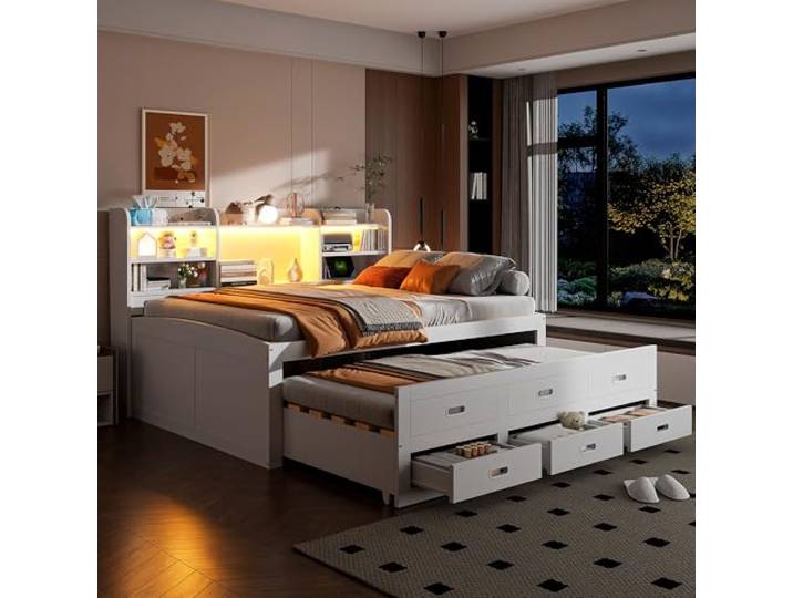 Merax Schlafsofa Tagesbett 140×200 cm mit multifunktionalem Ausziehbett, 3 schubladen, farbwechselndem LED-Streifen, Bettrahmen mit USB+Type-C und Nachttischablage, ohne Matratze, Weiß