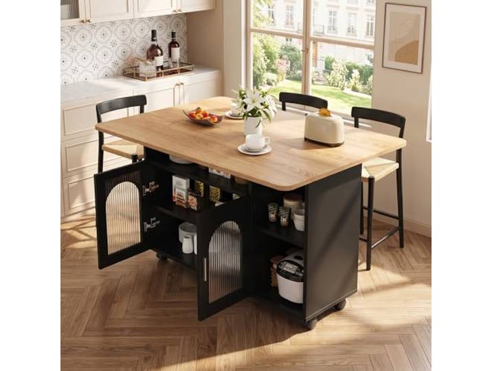 Merax Kücheninsel Freistehend mit Klappbarer Arbeitsplatte, Mobiler Küchenwagen auf Rollen, Multifunktionaler Esstisch & Servierwagen, Buffetschrank mit viel Stauraum für Küche/Esszimmer, Schwarz