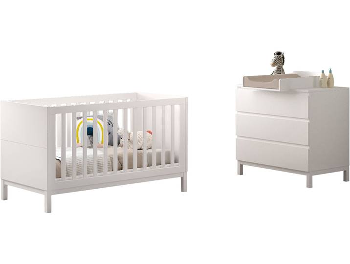 Babymöbel-Set VIPACK Set best. aus Babybett 70/140, Kommode 3 Schubladen, Wickelaufsatz , weiss (weiß), ohne Matratze, B/H: 70cm x 140cm, Schlafzimmermöbel-Sets, Babymöbel-Set, in gradlinigem Design, pflegeleichte lackierte Oberfläche in Weiss