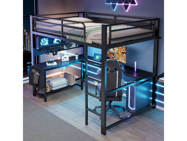 Lit mezzanine gaming - ZEVKOR - 140×200 - Bureau intégré - Rangements & station de charge - LED intégrée