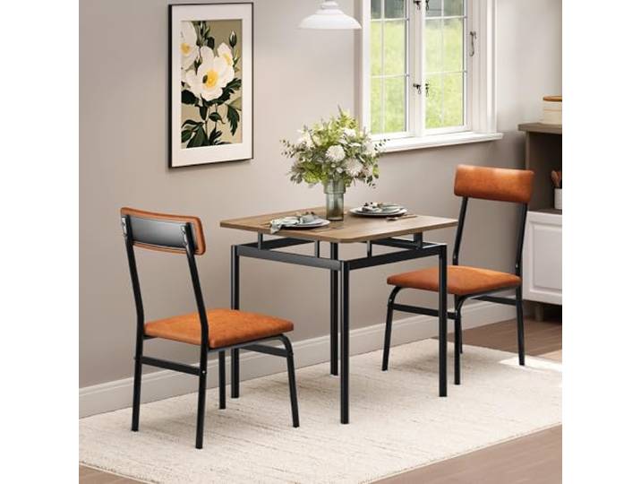 IDEALHOUSE Platzsparendes 3-teiliges Esszimmer-Set für 2 Personen, Braun Moderner Esstisch mit 2 PU-gepolsterten Stühlen, stabiles Metallgestell, perfekt für Küche, Esszimmer, Wohnung oder Studio