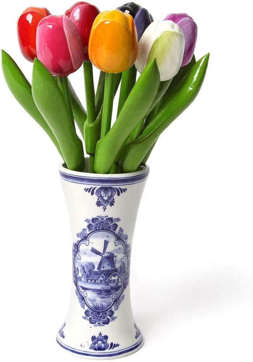 Houten Tulpen Boeket Rood - Handbeschilderde Kunstbloemen Decoratie - Hoogte: 21 cm