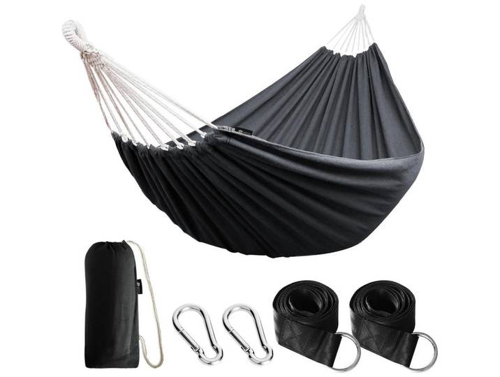 Hängematte Dunkelgrau Baumwolle mit Gurten und Tasche, Schwarz, 150x2.5x210 cm, Gartenmöbel, Gartenschaukeln, Hängematten