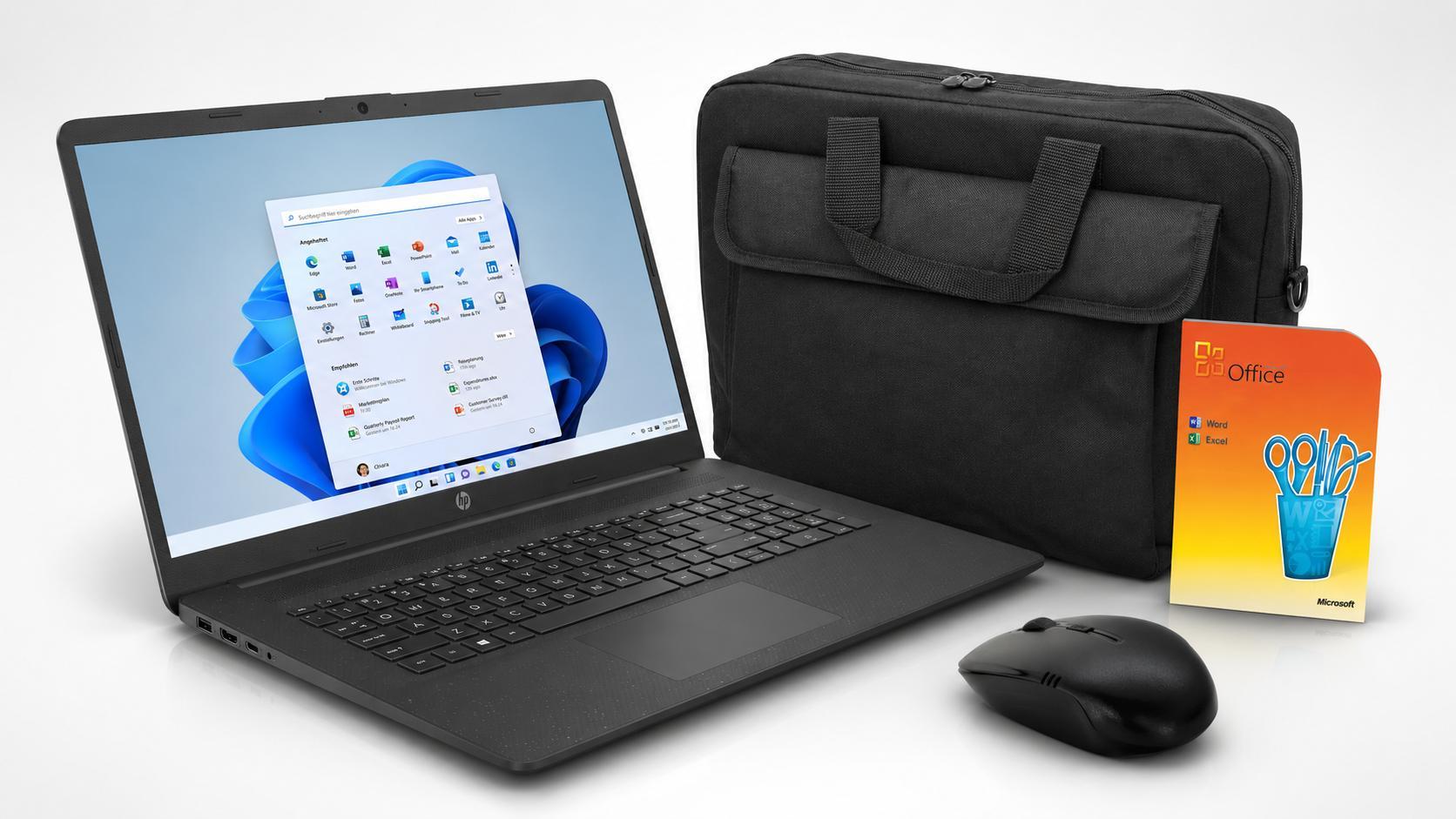 HP Laptop 17,3 Zoll N4500, 16 GB RAM, 1 TB SSD, Office Starter, Tasche und Maus
